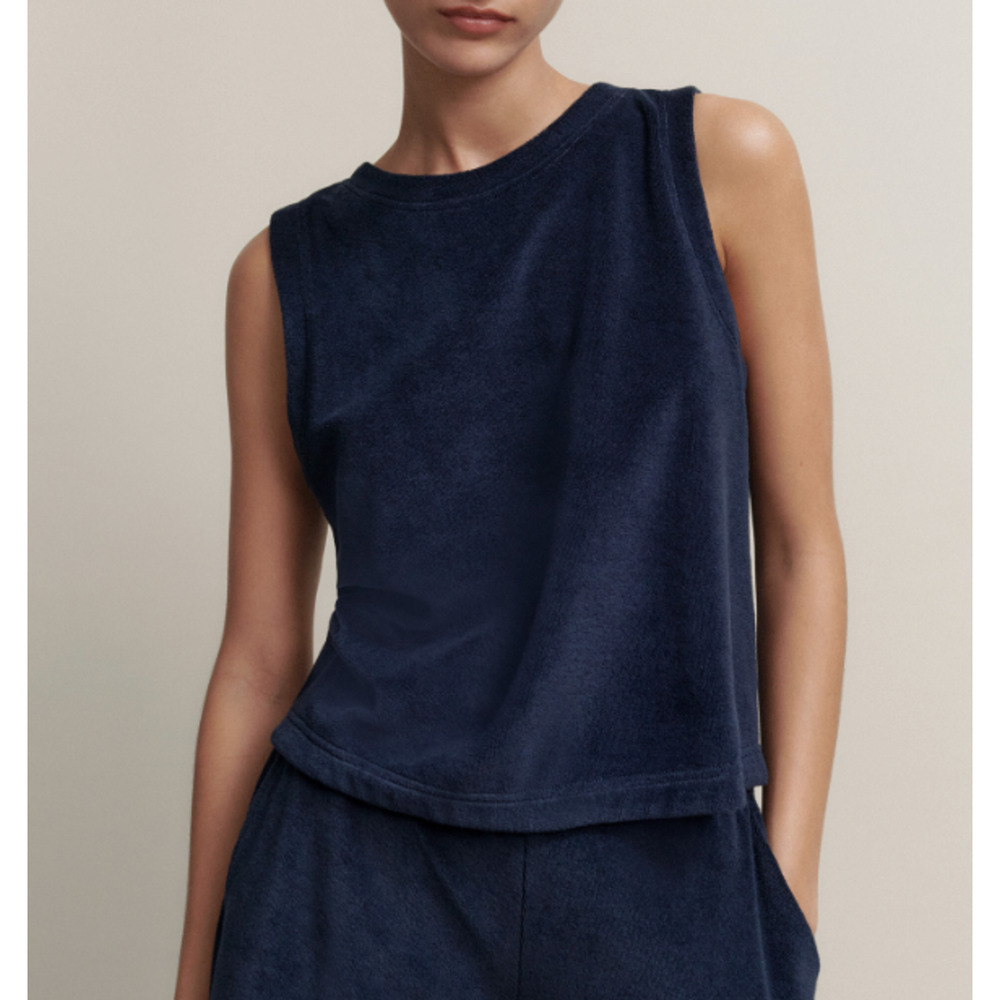 ME+EM Navy Blue Toweling Sleeveless Crop Top Cotton Terry Cloth Loungewear, 4